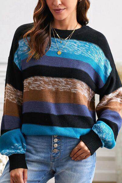 Contrast Striped Round Neck Drop Shoulder Sweater for Women - Selvanelle