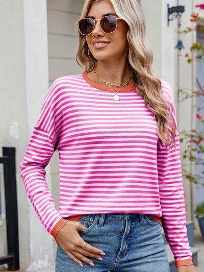 Striped Contrast Round Neck Long Sleeve Sweater for Women - Selvanelle
