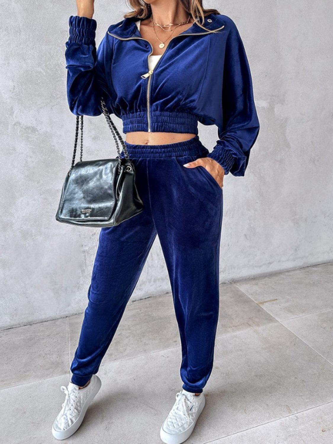 Zip Up Long Sleeve Cropped Top and Joggers Set for Women - Selvanelle
