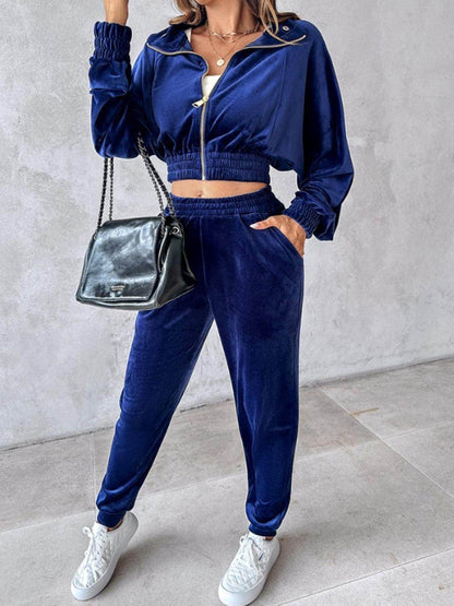 Zip Up Long Sleeve Cropped Top and Joggers Set for Women - Selvanelle