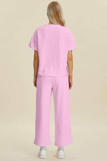 Double Take Full Size Texture Round Neck Top and Pants Set - Selvanelle