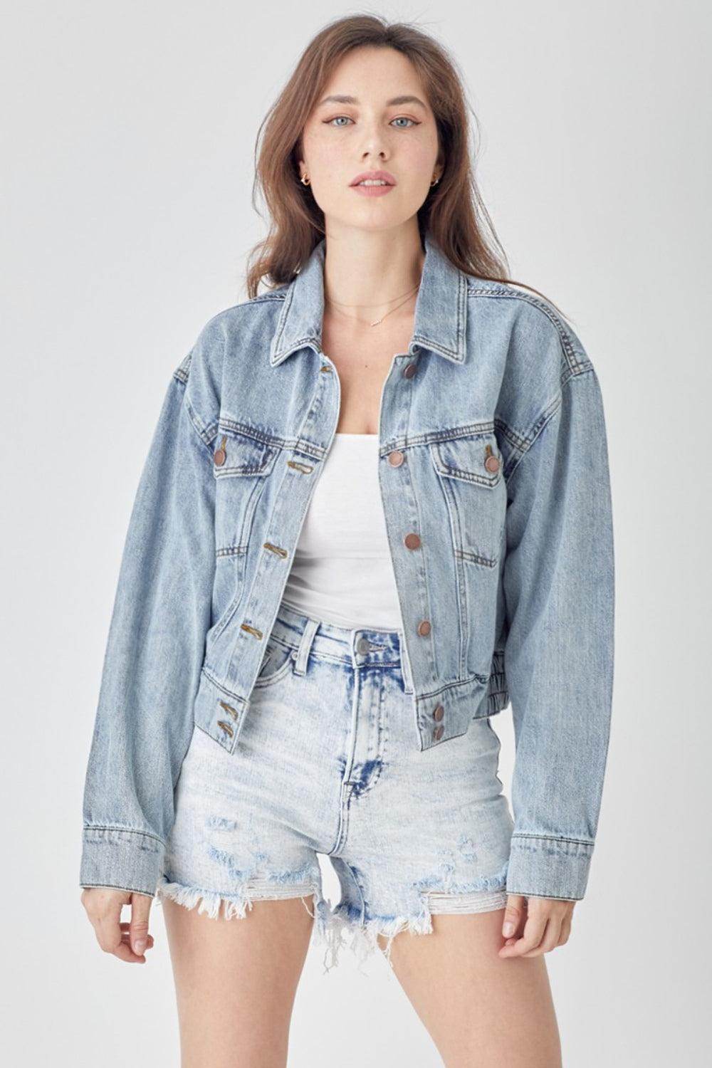 RISEN Full Size Button Down Cropped Denim Jacket for Women - Selvanelle
