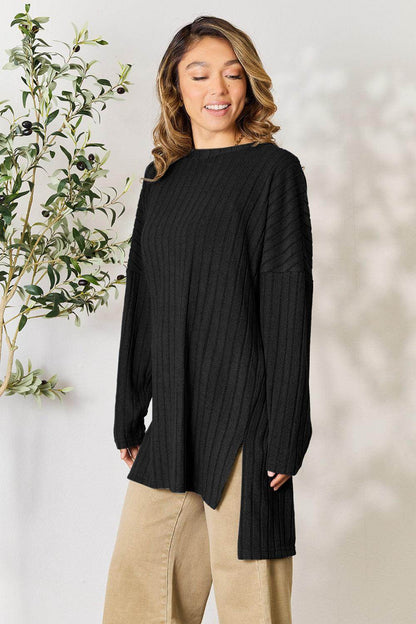 Basic Bae Full Size Ribbed Round Neck Long Sleeve Slit Top - Selvanelle