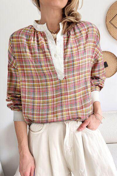 Multi-Color Plaid Round Neck Long Sleeve Blouse for Women - Selvanelle
