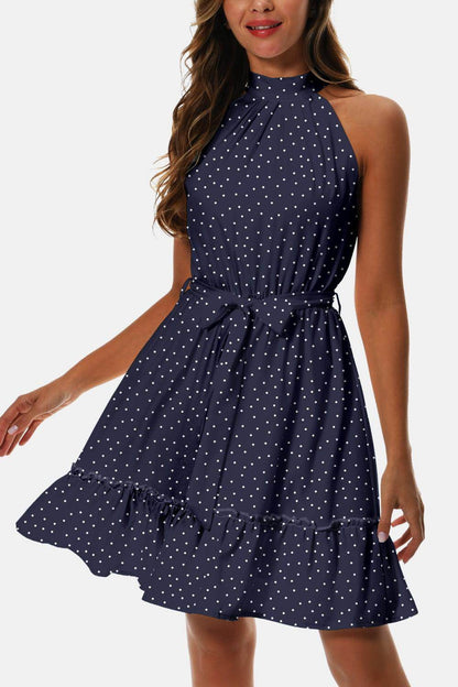 Printed Tie Waist Frill Trim Dress for Chic Summer Style - Selvanelle