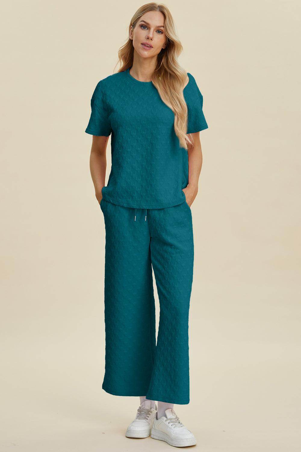 Double Take Full Size Texture Round Neck Top and Pants Set - Selvanelle