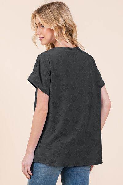 BOMBOM Textured Floral Pattern Short Sleeve T-Shirt for Women - Selvanelle