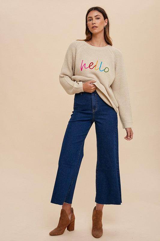 Annie Wear HELLO Embroidered Raglan Sleeve Sweater for Women - Selvanelle