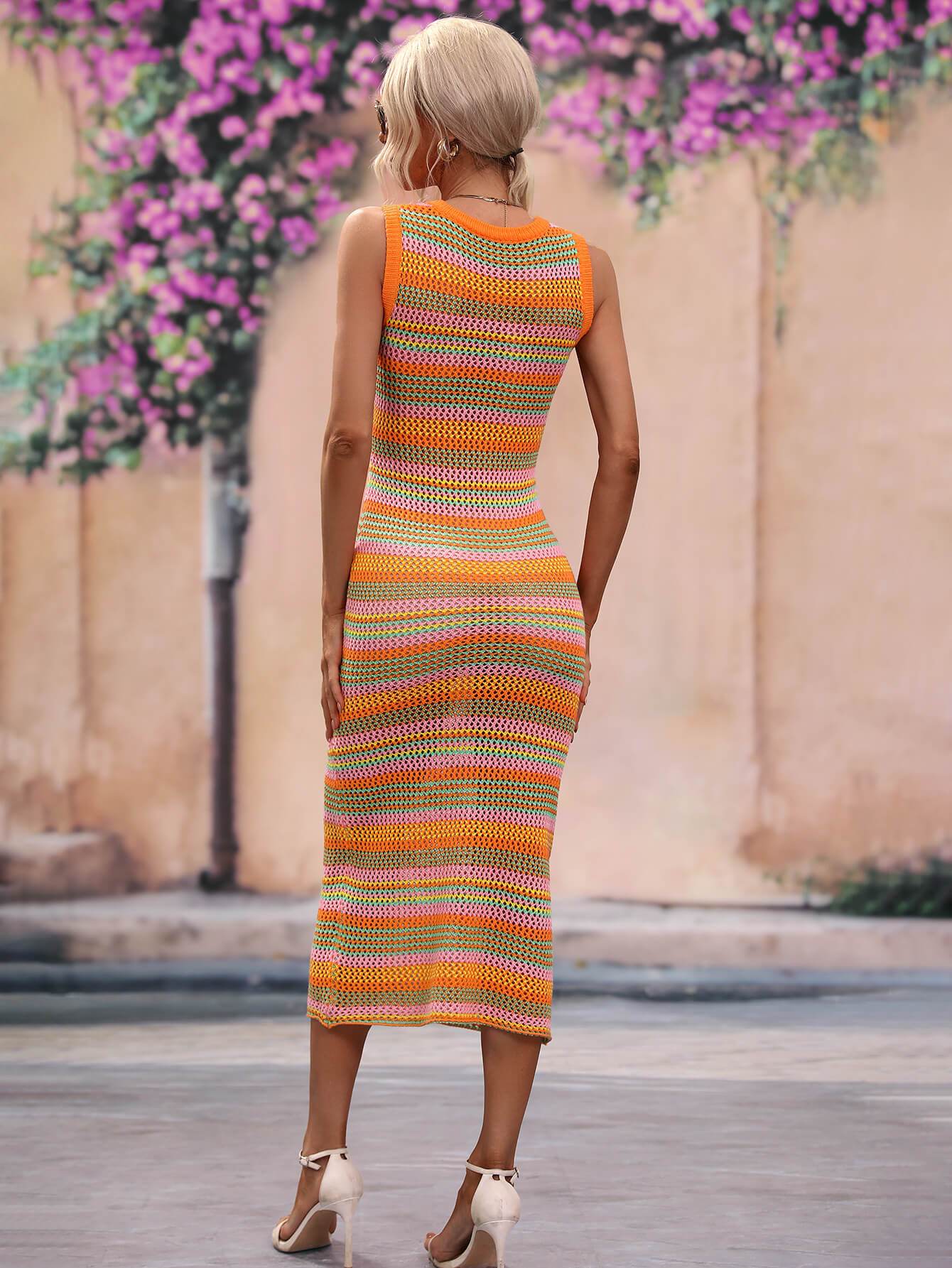 Striped Round Neck Sleeveless Midi Cover Up Dress - Selvanelle