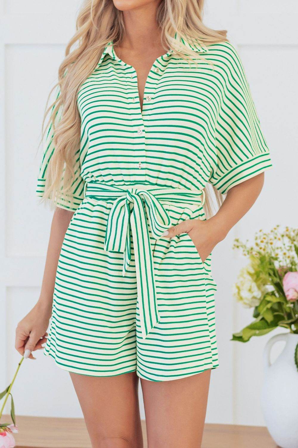 Striped Half Sleeve Tie Waist Romper - Selvanelle