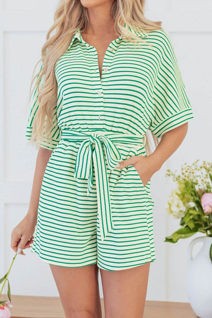 Striped Half Sleeve Tie Waist Romper - Selvanelle