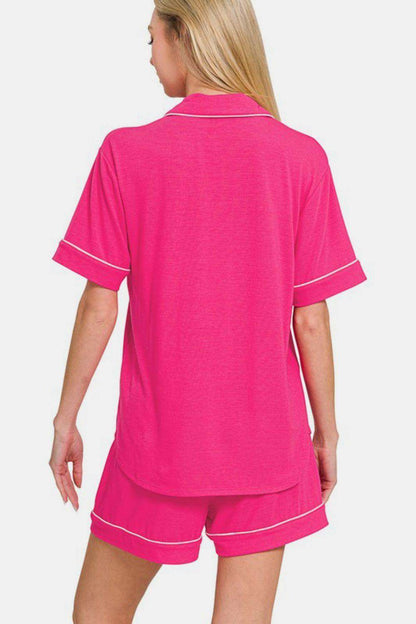 Zenana Button Down Short Sleeve Top and Shorts Lounge Set - Selvanelle