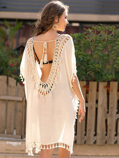 Tassel Cutout Half Sleeve Cover-Up - Selvanelle