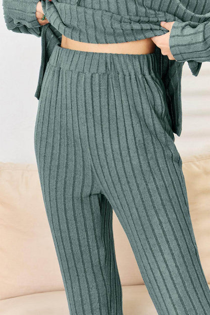 Basic Bae Full Size Ribbed Drawstring Hooded Top Set - Selvanelle