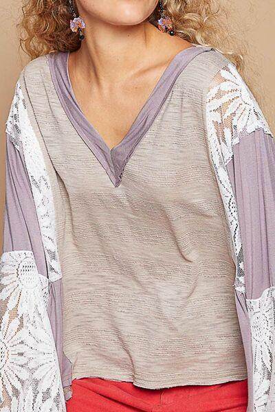 POL Lace Detail V-Neck Flare Sleeve Blouse for Women - Selvanelle