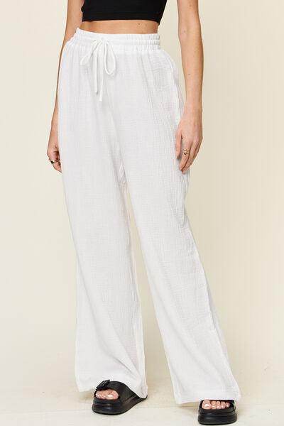 Double Take Full Size Texture Drawstring Wide Leg Pants - Selvanelle