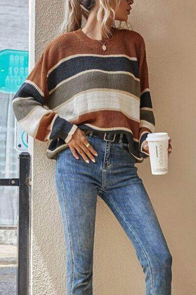 Contrast Striped Round Neck Long Sleeve Sweater for Women - Selvanelle