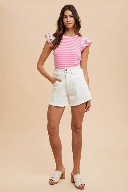 Annie Wear Ruffled Striped Round Neck Cap Sleeve Knit Top - Selvanelle
