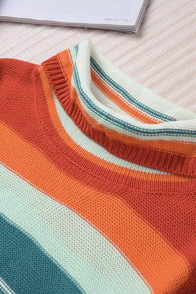 Contrast Striped Turtleneck Dropped Shoulder Sweater for Women - Selvanelle
