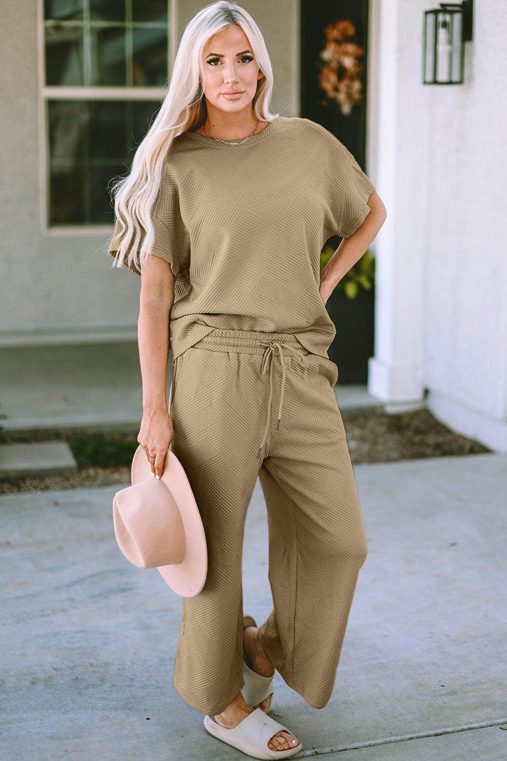 Double Take Full Size Texture Top and Pants Set for Women - Selvanelle