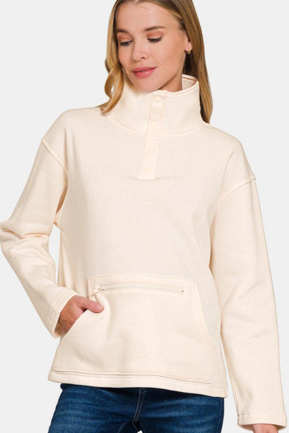 Zenana Turtleneck Half Snap Fleece Sweatshirt for Comfort