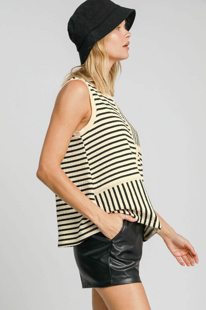 Umgee Round Neck Texture Striped Tank for Casual Style - Selvanelle