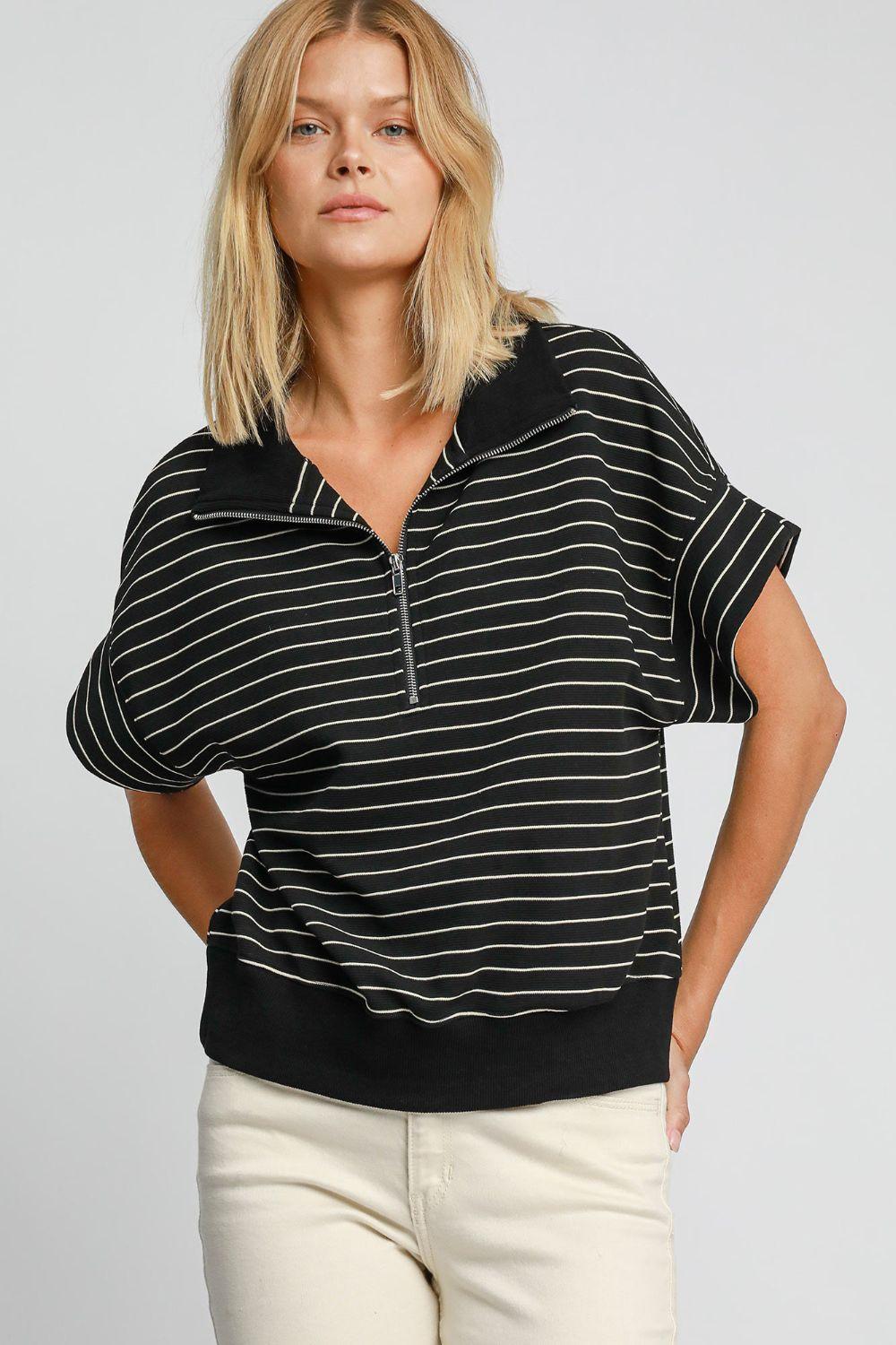 Umgee Striped Half Zip Short Sleeve Sweatshirt for Women