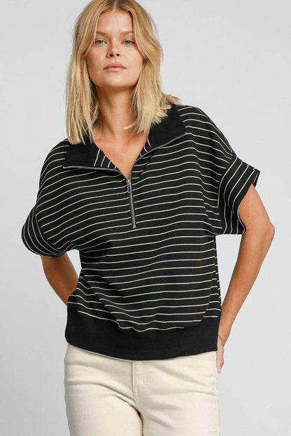 Umgee Striped Half Zip Short Sleeve Sweatshirt for Women - Selvanelle