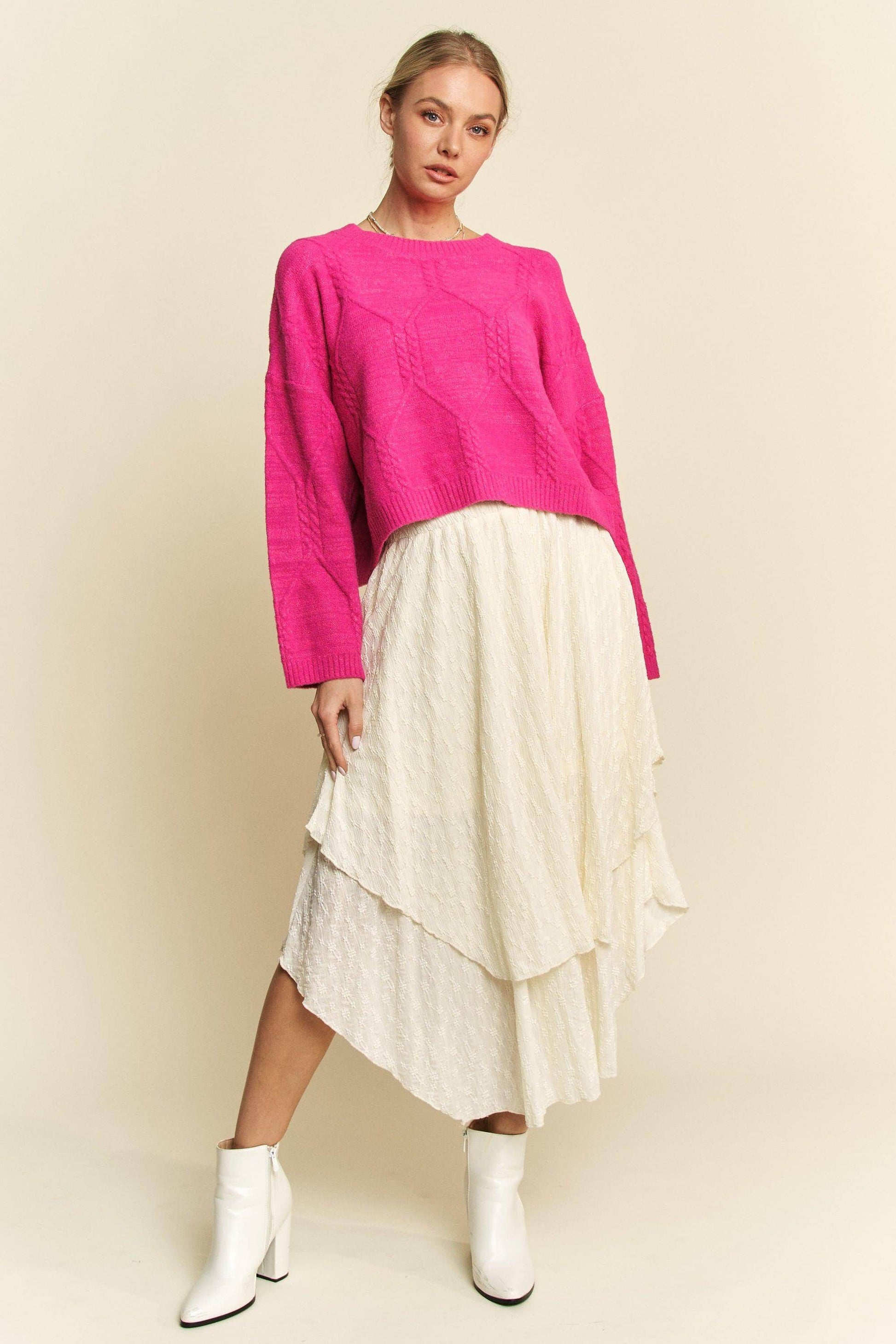 Davi & Dani Diamond Cable Pattern Drop Shoulder Sweater - Selvanelle