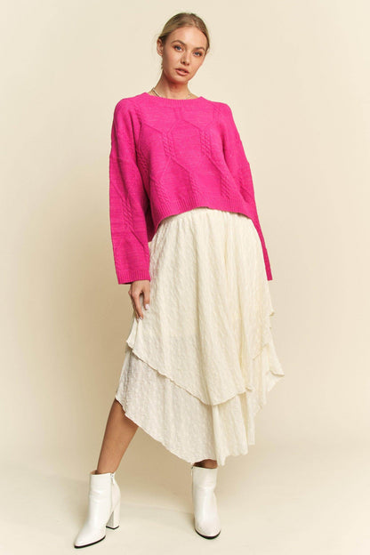 Davi & Dani Diamond Cable Pattern Drop Shoulder Sweater - Selvanelle