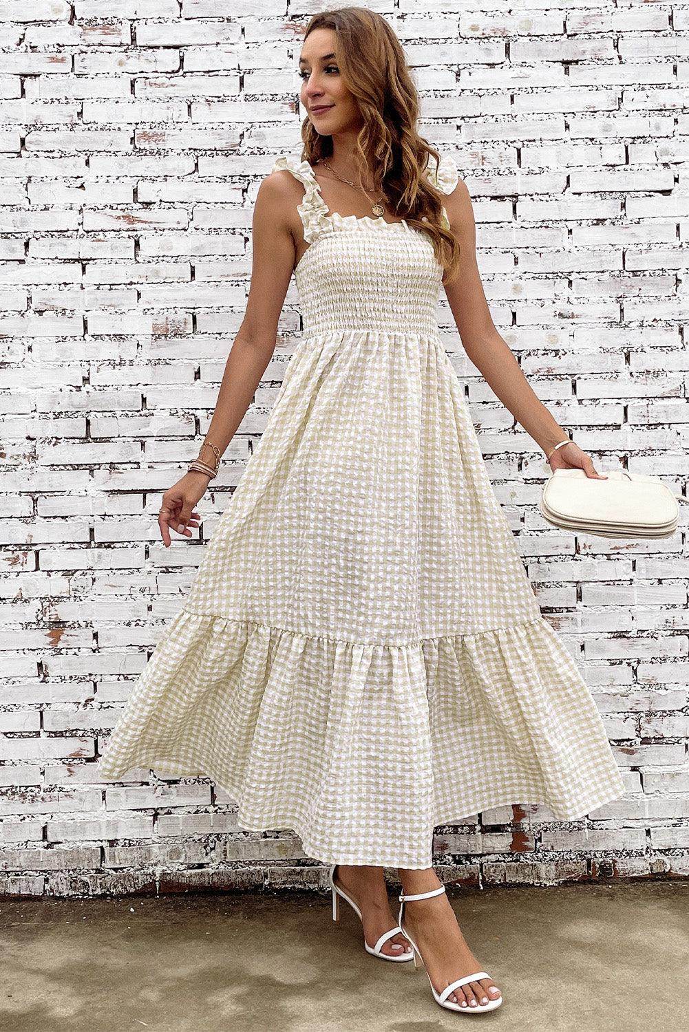 Plaid Ruffle Strap Square Neck Dress for Casual Style - Selvanelle