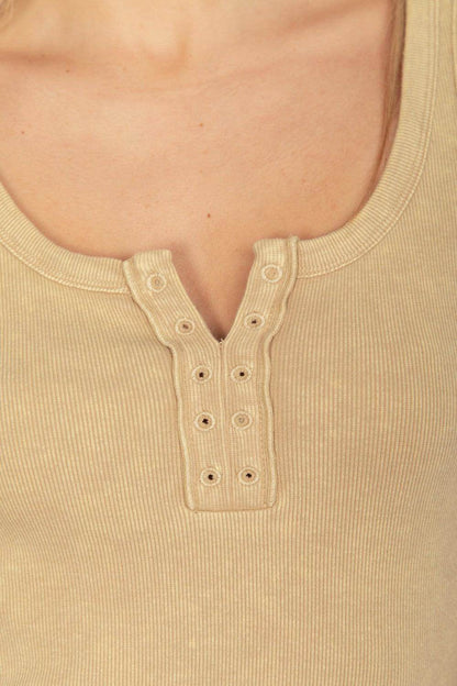 VERY J Washed Ribbed Tank with Placket Detail Top - Selvanelle