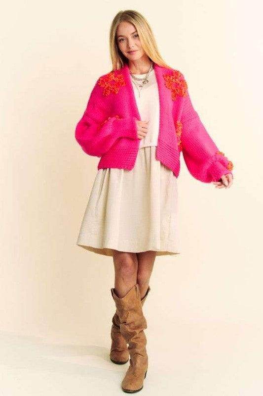Davi & Dani Floral Applique Open Front Drop Shoulder Cardigan - Selvanelle