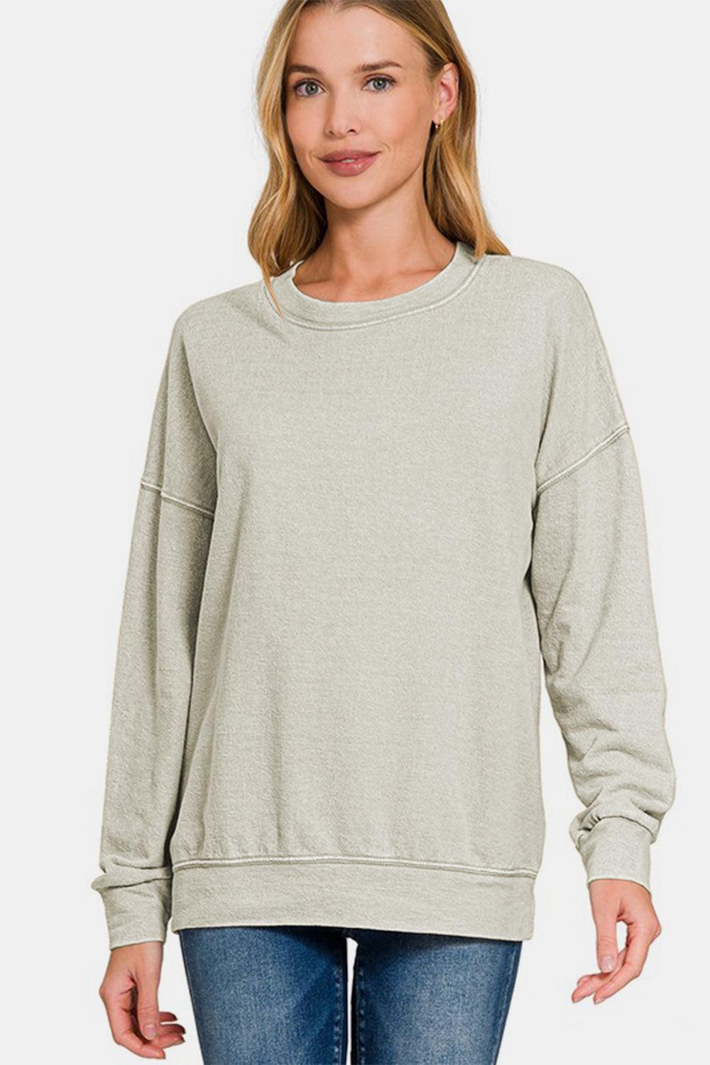 Zenana Washed Round Neck Dropped Shoulder Sweatshirt for Women