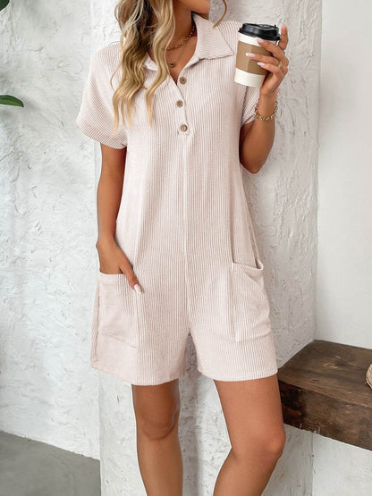 Button Detail Collared Neck Short Sleeve Romper - Selvanelle