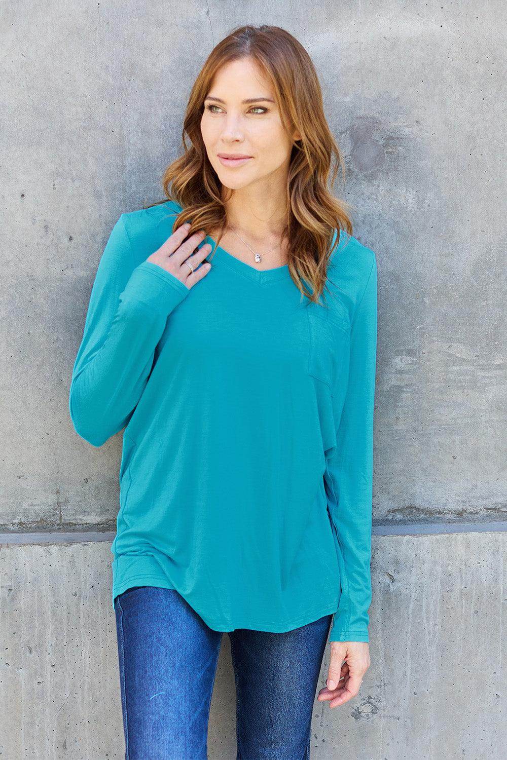 Basic Bae Full Size V-Neck Long Sleeve Top for Women - Selvanelle