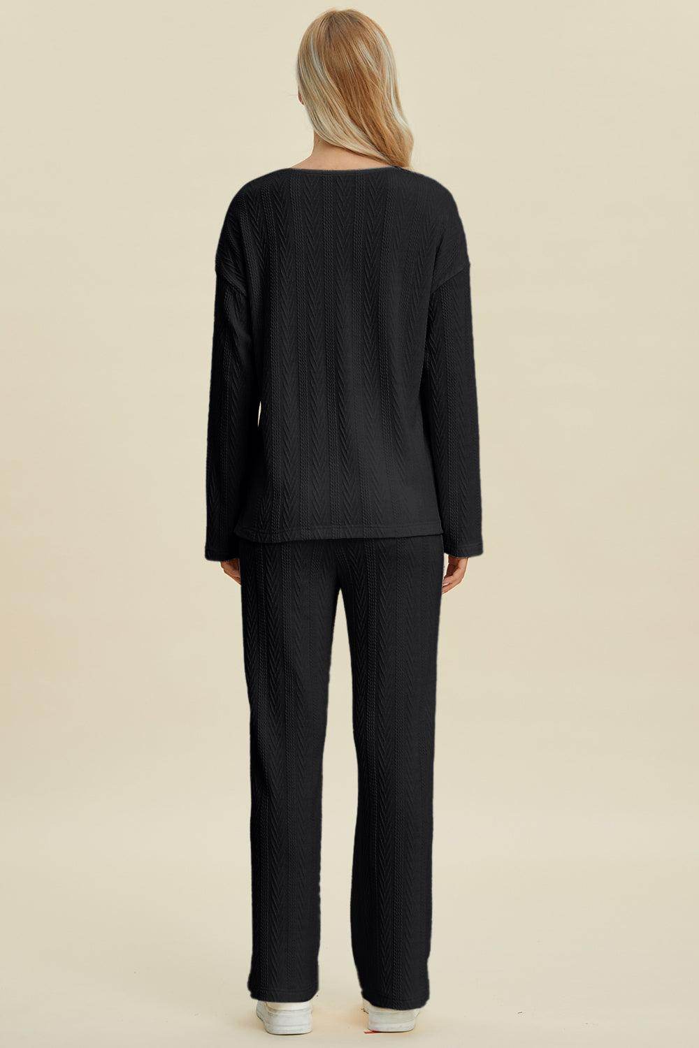 Double Take Full Size Cable-Knit Long Sleeve Top Pants Set - Selvanelle
