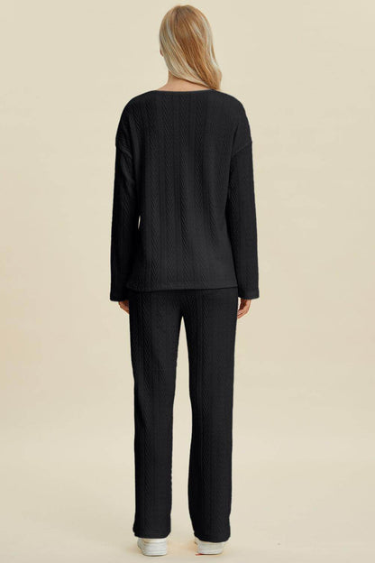 Double Take Full Size Cable-Knit Long Sleeve Top Pants Set - Selvanelle