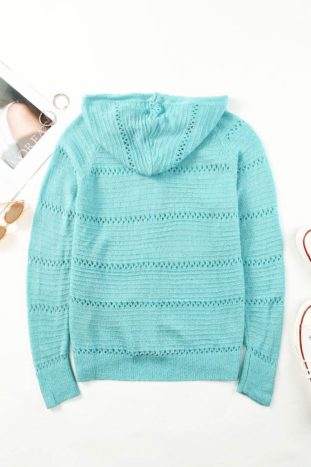 Zip-Up Raglan Sleeve Openwork Hooded Cardigan for Women - Selvanelle
