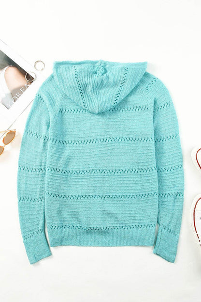 Zip-Up Raglan Sleeve Openwork Hooded Cardigan for Women - Selvanelle