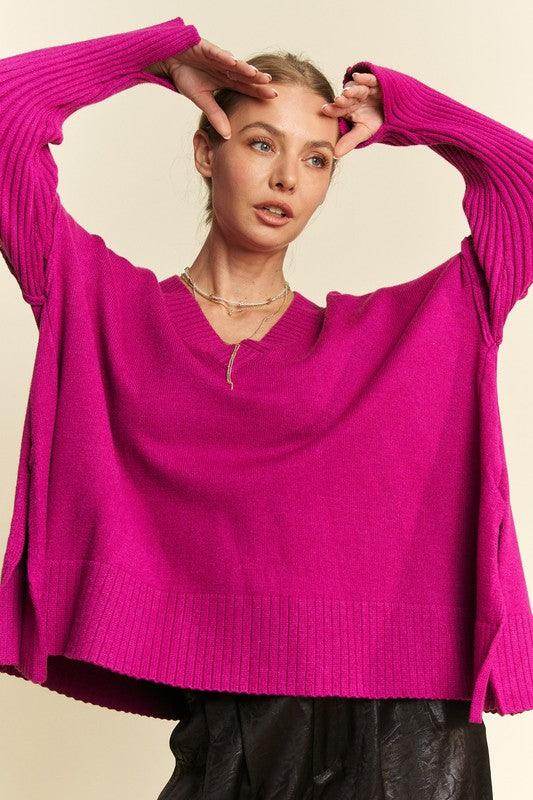 Davi & Dani Ribbed Side Slit V-Neck Sweater for Women - Selvanelle