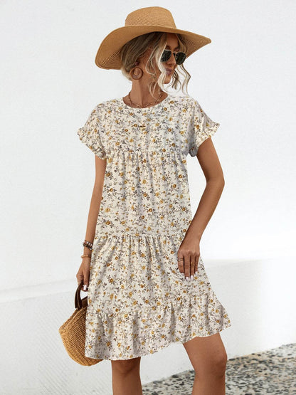 Frill Floral Round Neck Short Sleeve Tiered Dress - Selvanelle