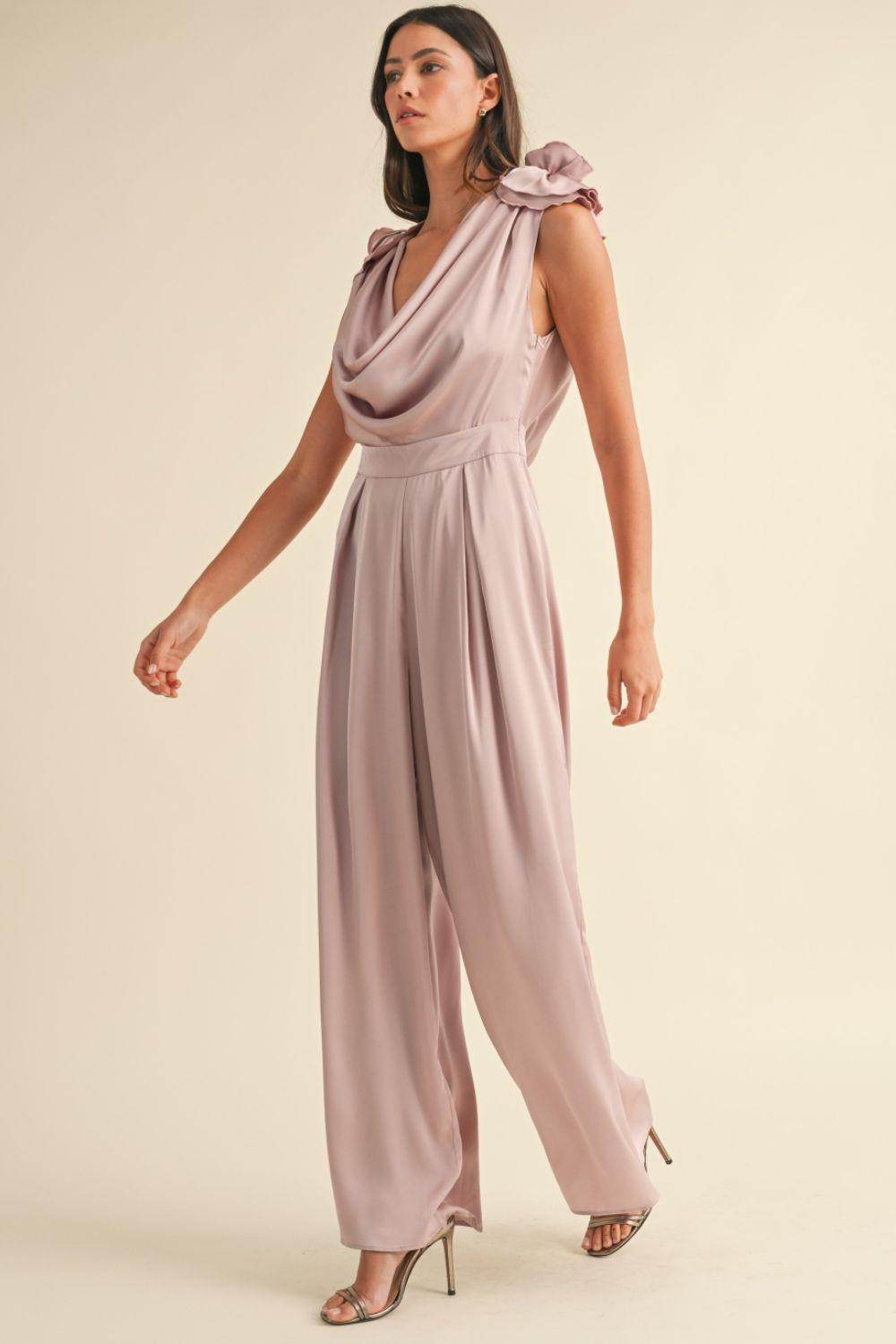 MABLE 3D Floral Applique Deep Cowl Neck Jumpsuit Elegance - Selvanelle