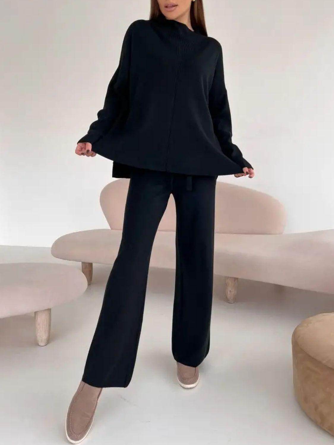 Slit Mock Neck Top and Pants Sweater Set for Women - Selvanelle