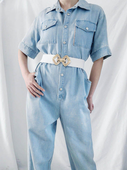 Geometric Buckle Elastic Wide Belt for Stylish Comfort - Selvanelle