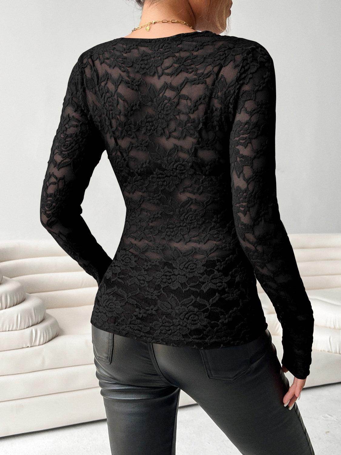 V-Neck Long Sleeve Lace Top for Women in Various Sizes - Selvanelle