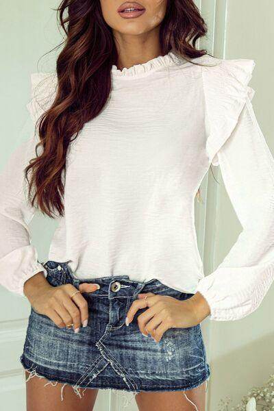 Frill Mock Neck Ruffled Balloon Sleeve Blouse for Women - Selvanelle
