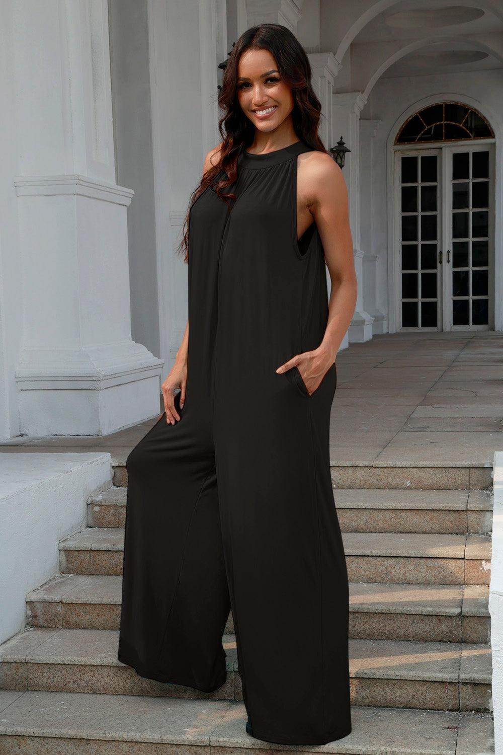 Double Take Full Size Tie Back Cutout Sleeveless Jumpsuit - Selvanelle