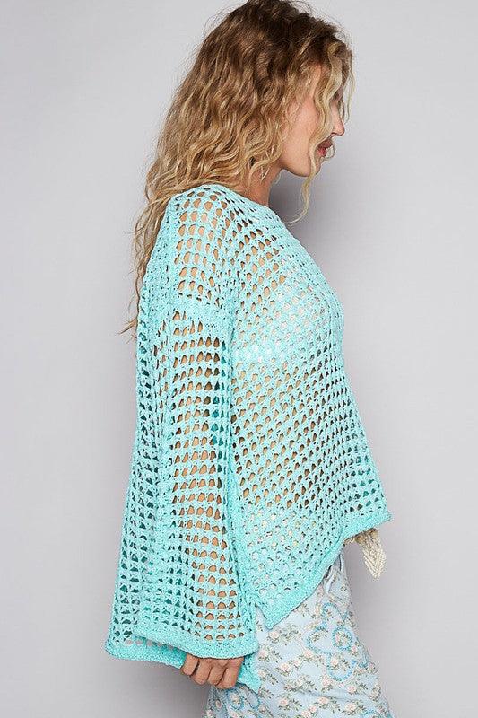 POL Side Slit Openwork Long Sleeve Knit Cover Up for Women