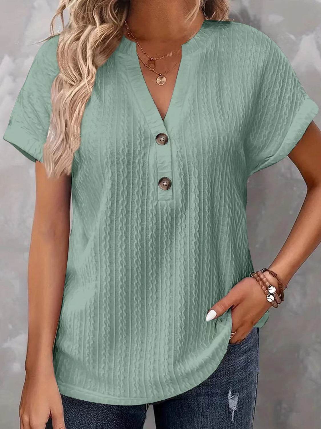 Textured Notched Short Sleeve Top - Selvanelle